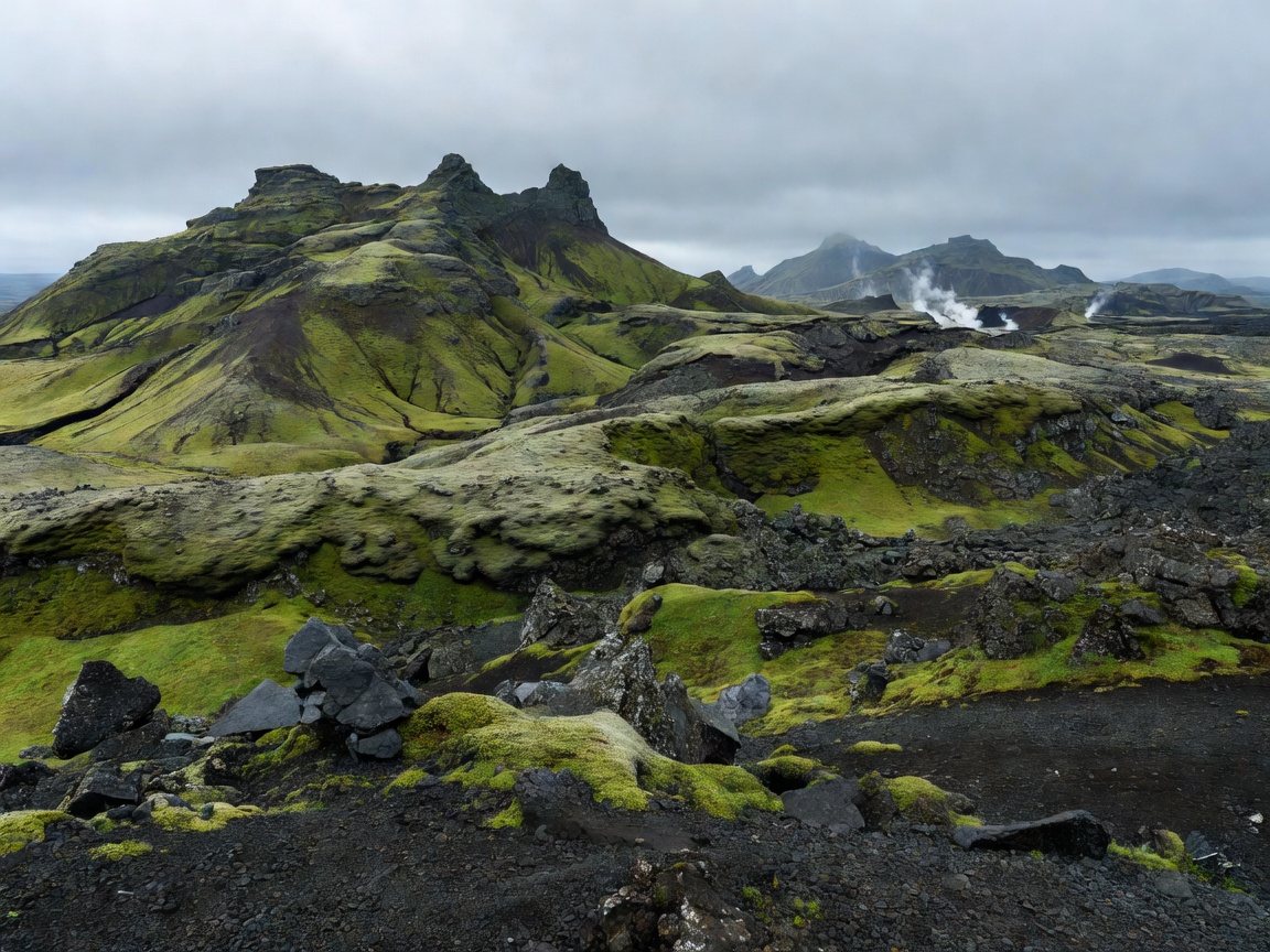 Rugged Icelandic volcanic landscape and moss-covered mountains near Reykjavik